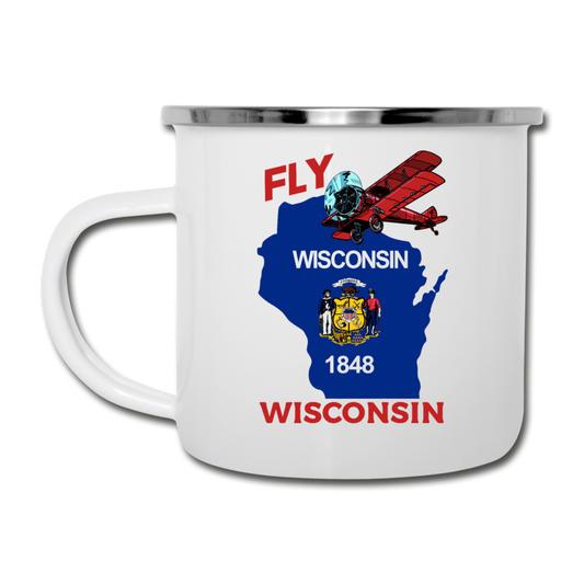 Fly Wisconsin - State Flag - Biplane - Camper Mug - white