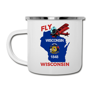 Fly Wisconsin - State Flag - Biplane - Camper Mug - white
