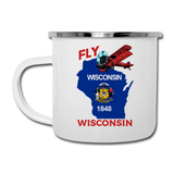Fly Wisconsin - State Flag - Biplane - Camper Mug - white