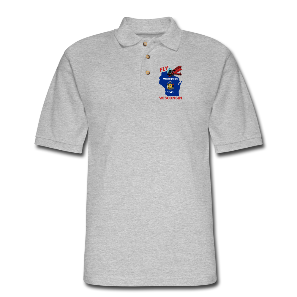 Fly Wisconsin - State Flag - Biplane - Men's Pique Polo Shirt - heather gray