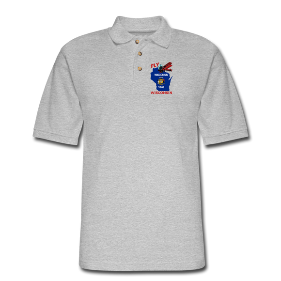 Fly Wisconsin - State Flag - Biplane - Men's Pique Polo Shirt - heather gray