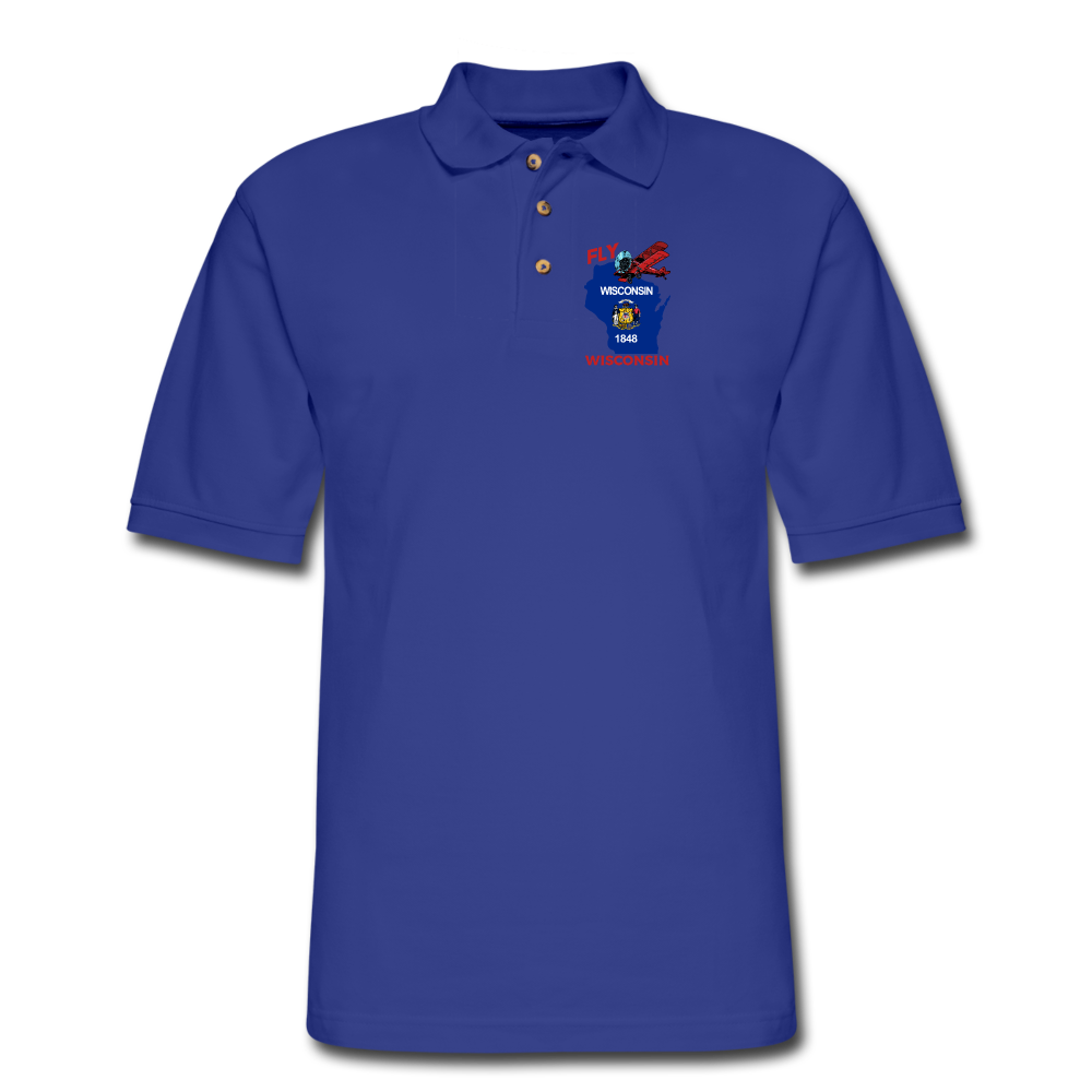 Fly Wisconsin - State Flag - Biplane - Men's Pique Polo Shirt - royal blue