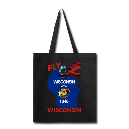 Fly Wisconsin - State Flag - Biplane - Tote Bag - black