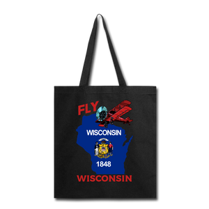 Fly Wisconsin - State Flag - Biplane - Tote Bag - black