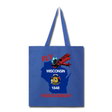 Fly Wisconsin - State Flag - Biplane - Tote Bag - royal blue