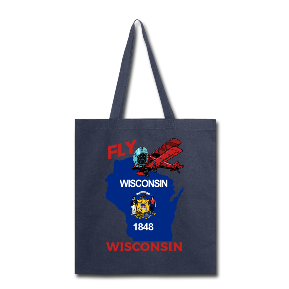 Fly Wisconsin - State Flag - Biplane - Tote Bag - navy