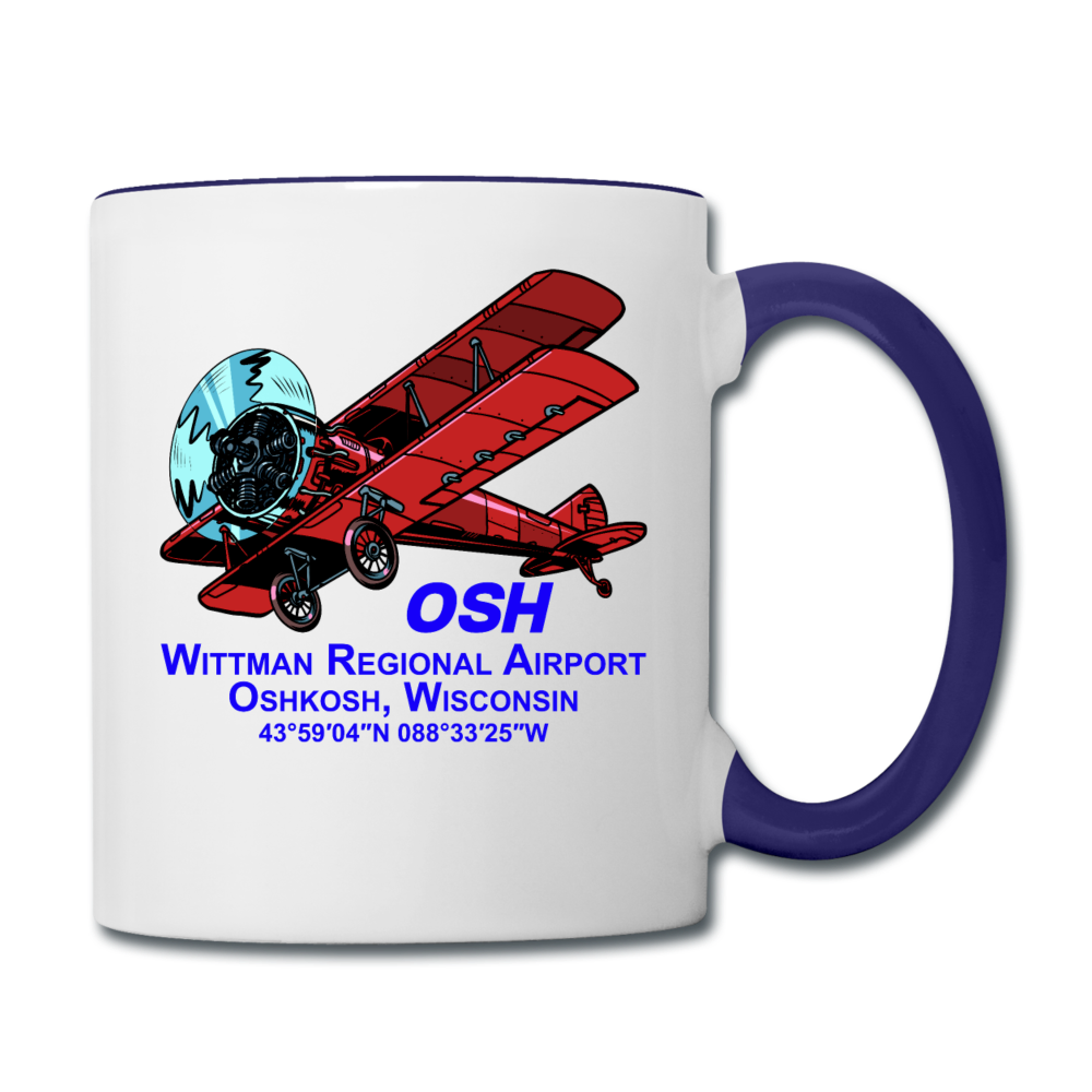 Wisconsin Airports - Oshkosh OSH - v2 - Biplane - Contrast Coffee Mug - white/cobalt blue