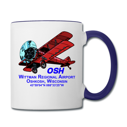 Wisconsin Airports - Oshkosh OSH - v2 - Biplane - Contrast Coffee Mug - white/cobalt blue