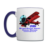 Wisconsin Airports - Oshkosh OSH - v2 - Biplane - Contrast Coffee Mug - white/cobalt blue