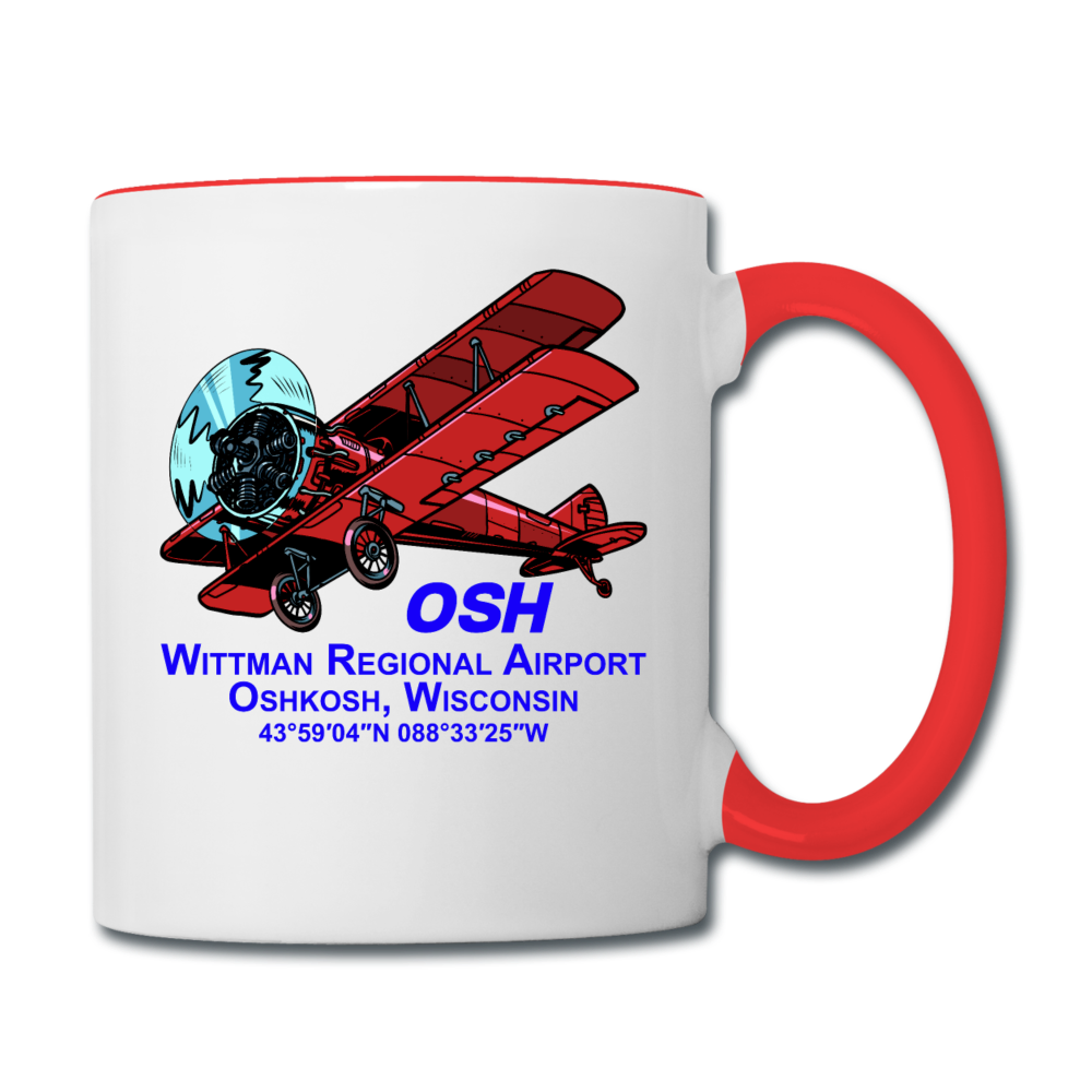 Wisconsin Airports - Oshkosh OSH - v2 - Biplane - Contrast Coffee Mug - white/red