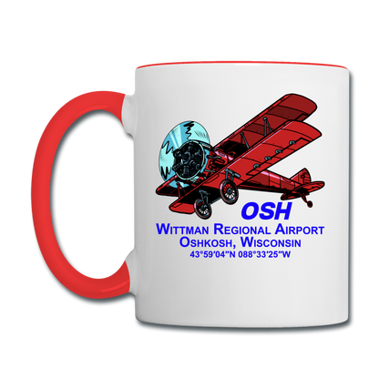 Wisconsin Airports - Oshkosh OSH - v2 - Biplane - Contrast Coffee Mug - white/red