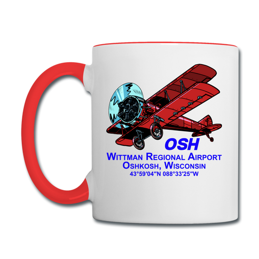 Wisconsin Airports - Oshkosh OSH - v2 - Biplane - Contrast Coffee Mug - white/red