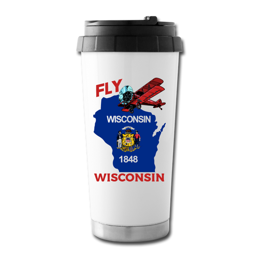 Fly Wisconsin - State Flag - Biplane - Travel Mug - white