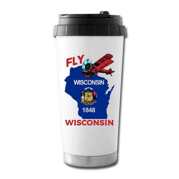 Fly Wisconsin - State Flag - Biplane - Travel Mug - white