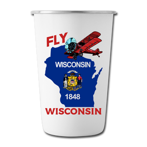 Fly Wisconsin - State Flag - Biplane - Stainless Steel Pint Cup - white