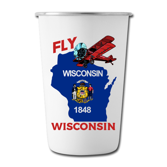 Fly Wisconsin - State Flag - Biplane - Stainless Steel Pint Cup - white