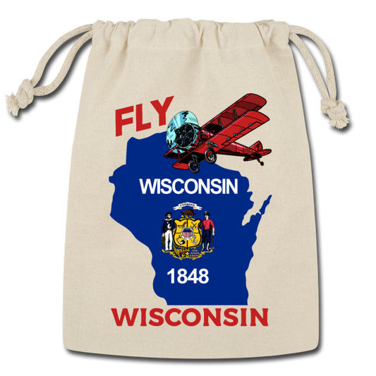 Fly Wisconsin - State Flag - Biplane - Reusable Gift Bag - Natural