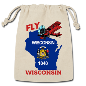 Fly Wisconsin - State Flag - Biplane - Reusable Gift Bag - Natural