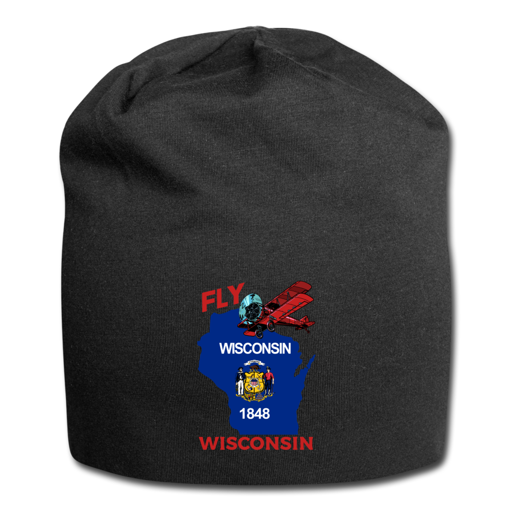 Fly Wisconsin - State Flag - Biplane - Jersey Beanie - black