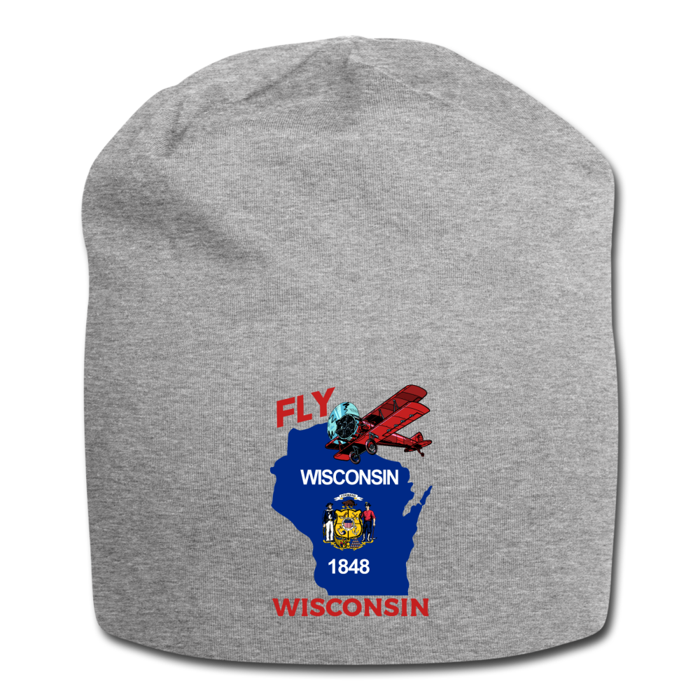 Fly Wisconsin - State Flag - Biplane - Jersey Beanie - heather gray