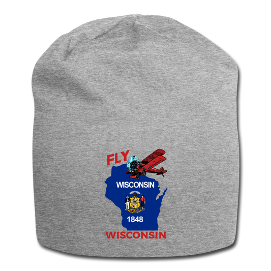 Fly Wisconsin - State Flag - Biplane - Jersey Beanie - heather gray