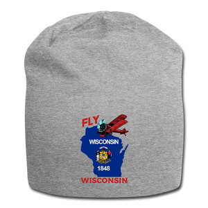 Fly Wisconsin - State Flag - Biplane - Jersey Beanie - heather gray