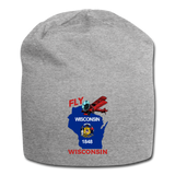 Fly Wisconsin - State Flag - Biplane - Jersey Beanie - heather gray