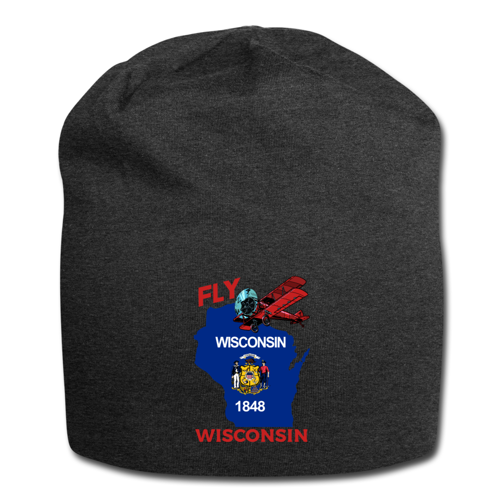 Fly Wisconsin - State Flag - Biplane - Jersey Beanie - charcoal grey