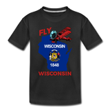 Fly Wisconsin - State Flag - Biplane - Kids' Premium T-Shirt - black