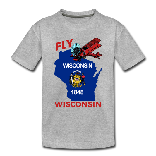 Fly Wisconsin - State Flag - Biplane - Kids' Premium T-Shirt - heather gray