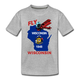 Fly Wisconsin - State Flag - Biplane - Kids' Premium T-Shirt - heather gray