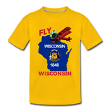 Fly Wisconsin - State Flag - Biplane - Kids' Premium T-Shirt - sun yellow