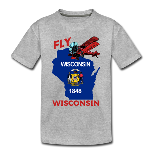 Fly Wisconsin - State Flag - Biplane - Toddler Premium T-Shirt - heather gray