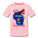 Fly Wisconsin - State Flag - Biplane - Toddler Premium T-Shirt - pink