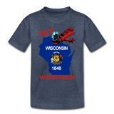 Fly Wisconsin - State Flag - Biplane - Toddler Premium T-Shirt - heather blue