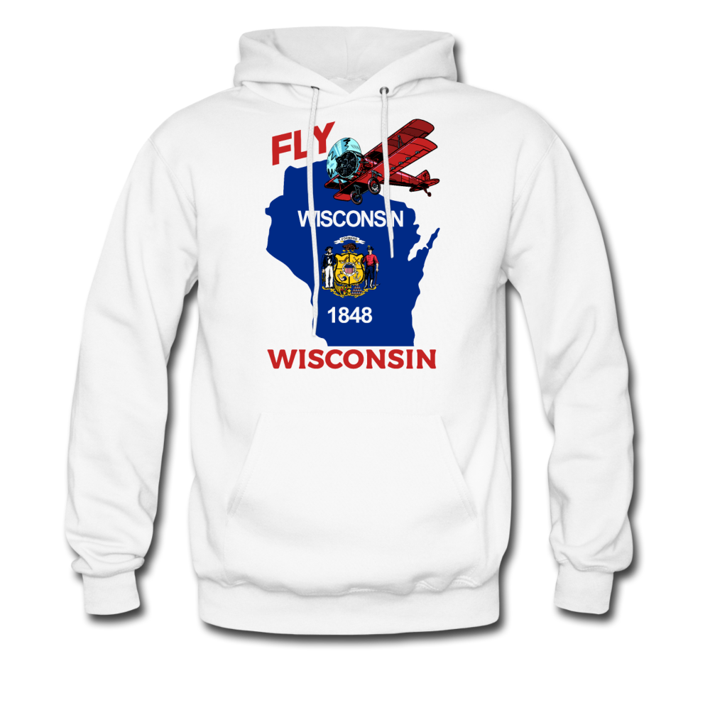 Fly Wisconsin - State Flag - Biplane - Men's Hanes Hoodie - white