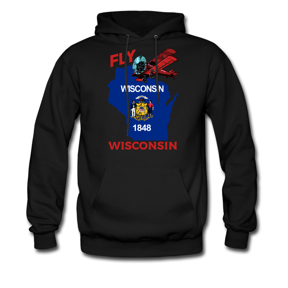 Fly Wisconsin - State Flag - Biplane - Men's Hanes Hoodie - black