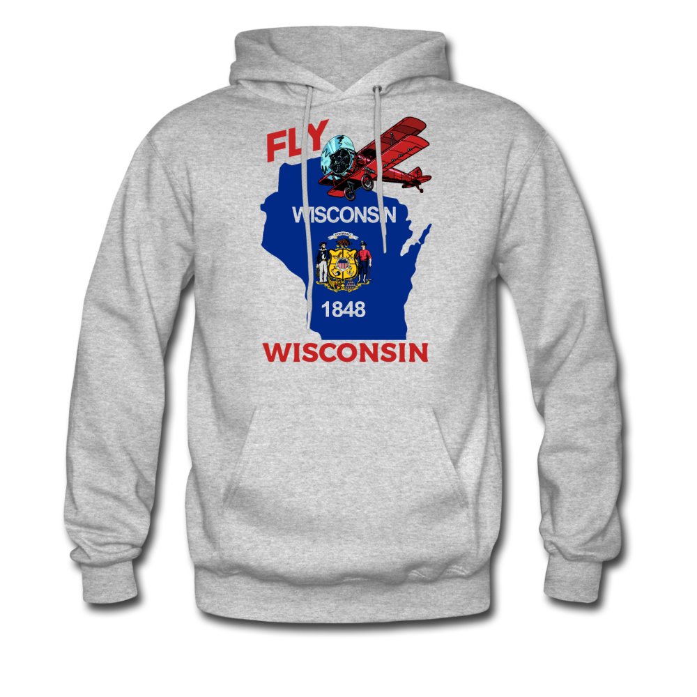 Fly Wisconsin - State Flag - Biplane - Men's Hanes Hoodie - heather gray