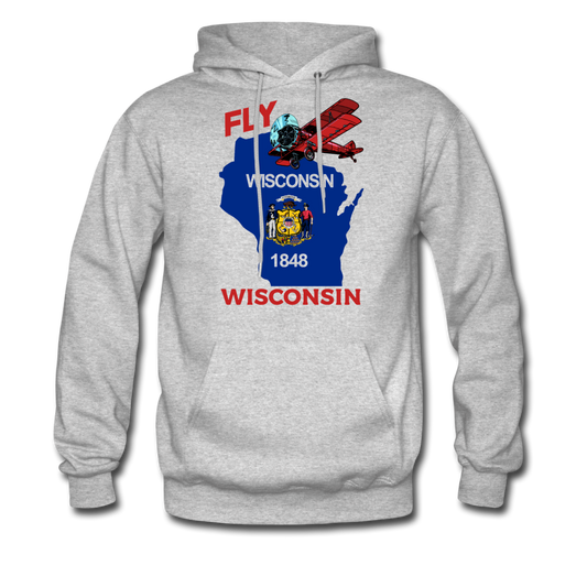 Fly Wisconsin - State Flag - Biplane - Men's Hanes Hoodie - heather gray