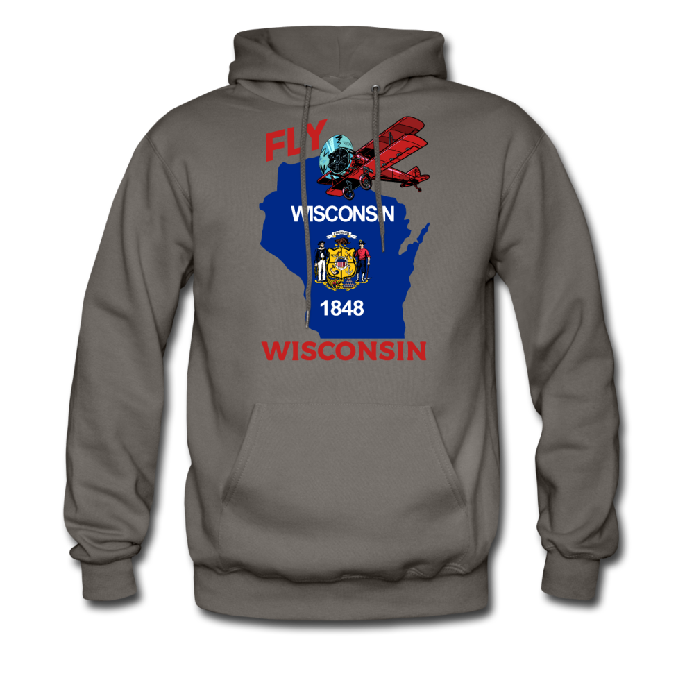 Fly Wisconsin - State Flag - Biplane - Men's Hanes Hoodie - asphalt gray