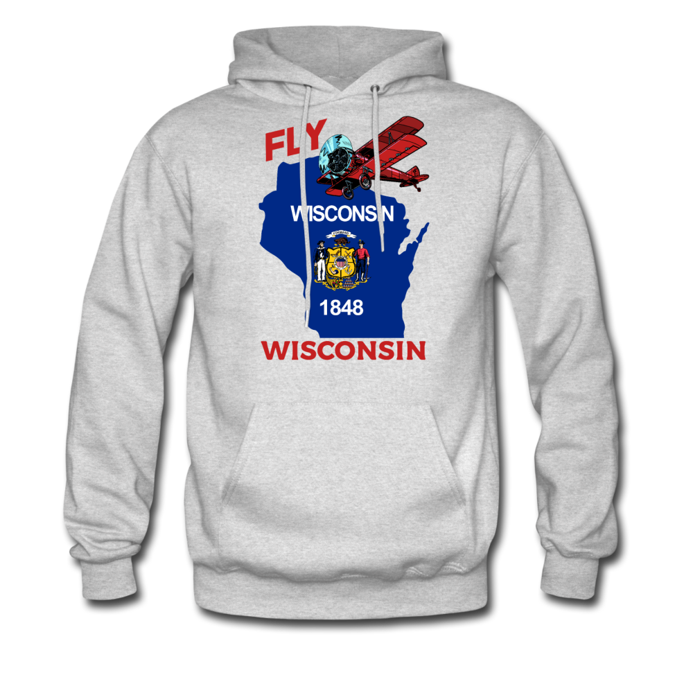 Fly Wisconsin - State Flag - Biplane - Men's Hanes Hoodie - ash 