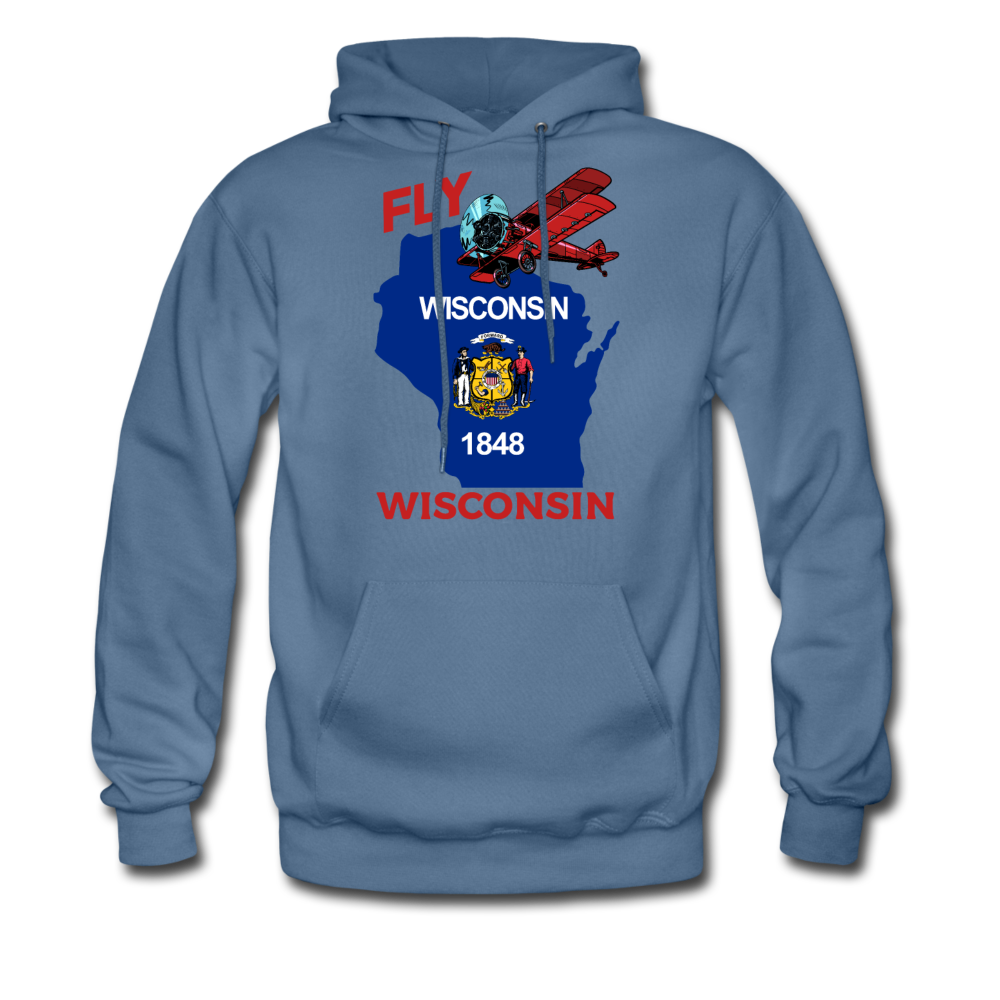 Fly Wisconsin - State Flag - Biplane - Men's Hanes Hoodie - denim blue