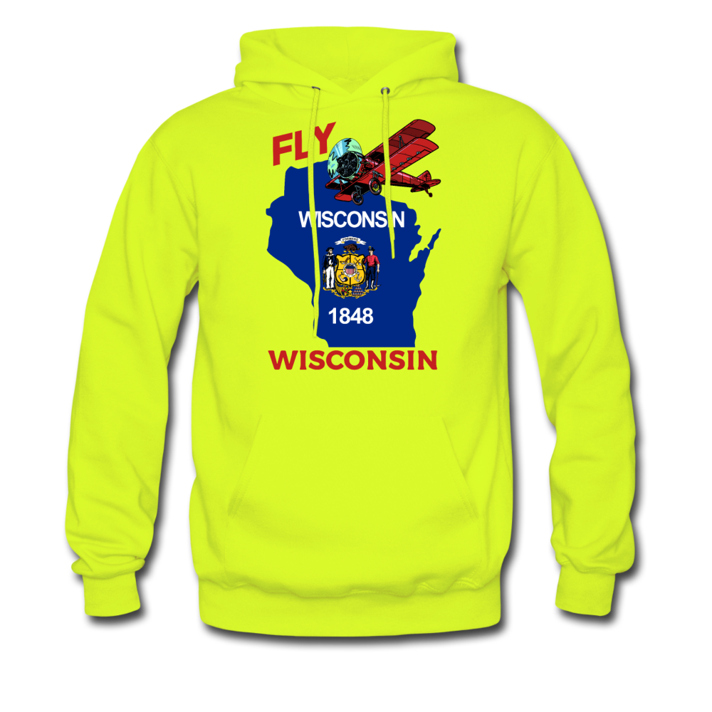 Fly Wisconsin - State Flag - Biplane - Men's Hanes Hoodie - safety green