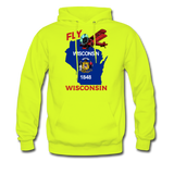 Fly Wisconsin - State Flag - Biplane - Men's Hanes Hoodie - safety green