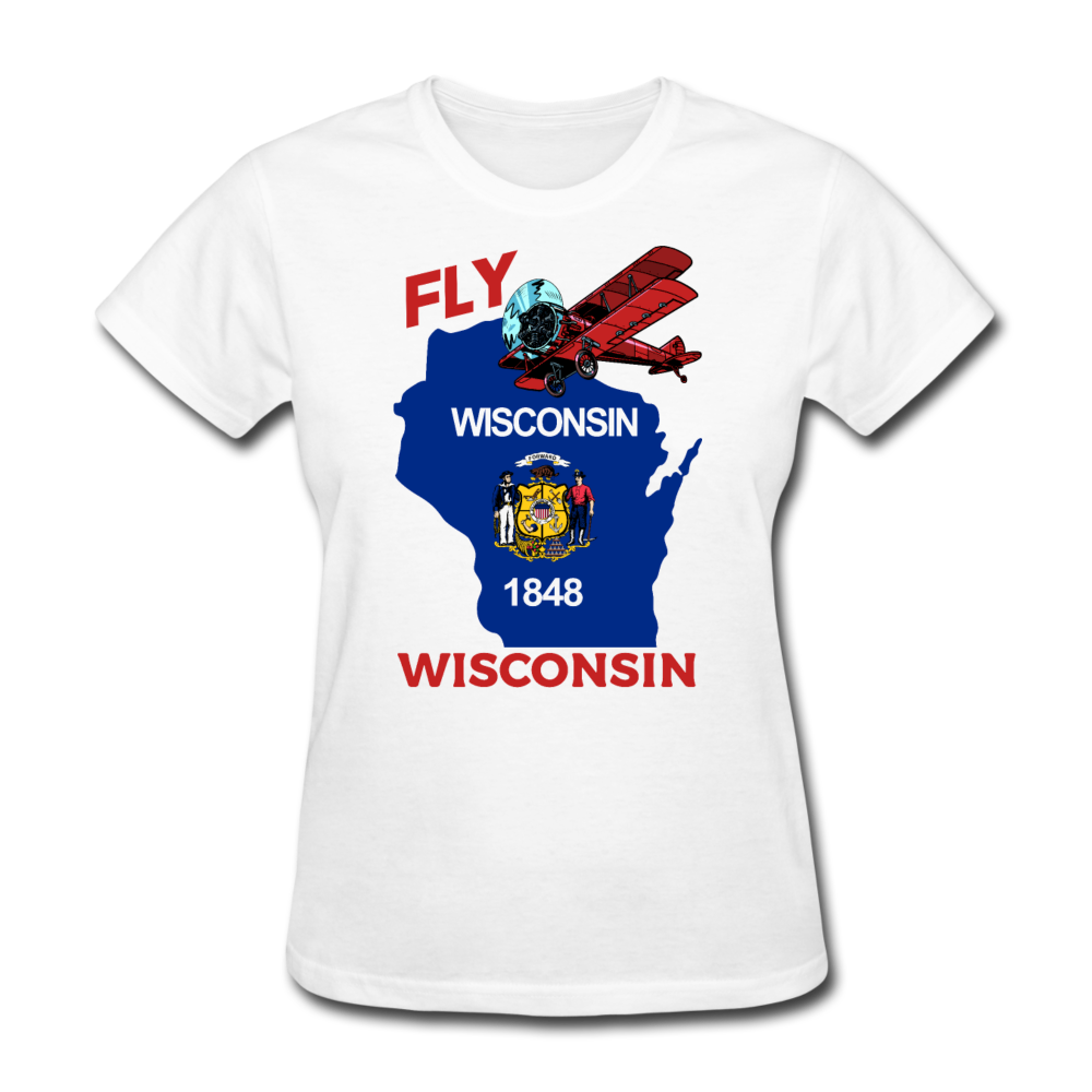 Fly Wisconsin - State Flag - Biplane - Women's Fruit of the Loom T-Shirt - white