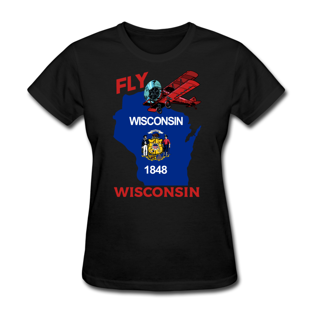 Fly Wisconsin - State Flag - Biplane - Women's Fruit of the Loom T-Shirt - black