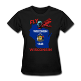 Fly Wisconsin - State Flag - Biplane - Women's Fruit of the Loom T-Shirt - black