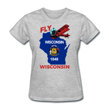 Fly Wisconsin - State Flag - Biplane - Women's Fruit of the Loom T-Shirt - heather gray