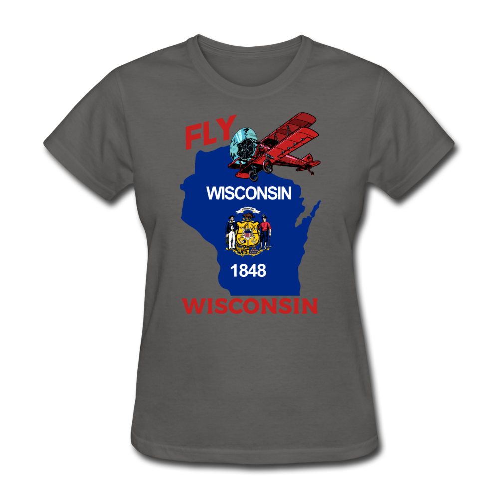 Fly Wisconsin - State Flag - Biplane - Women's Fruit of the Loom T-Shirt - charcoal