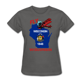 Fly Wisconsin - State Flag - Biplane - Women's Fruit of the Loom T-Shirt - charcoal